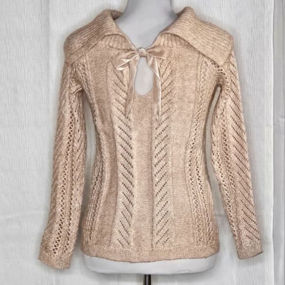 White House Black Market Heathered Coral Fold Down Collar Back Tie Knit Sweater - Picture 4 of 11